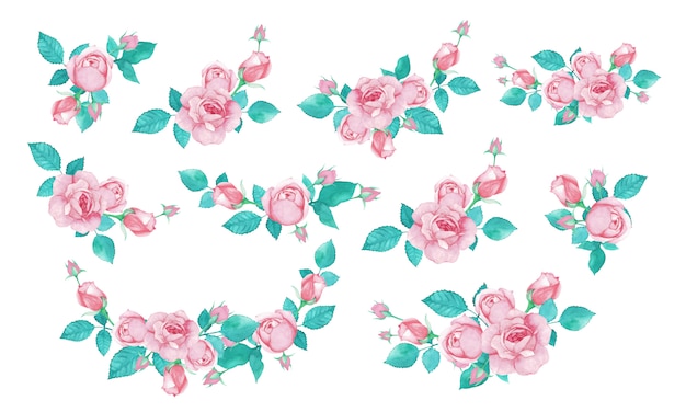 Free vector rose bouquet bundle in watercolor style for wedding invitation or greeting card.