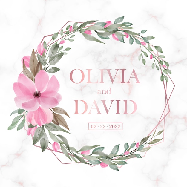 Free vector rose gold geometric frame with floral on marble  for wedding monogram logo and invitation card