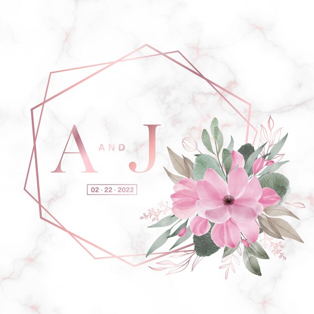 Rose gold geometric frame with floral on marble  for wedding monogram logo and invitation card