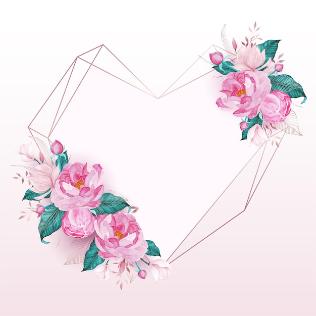 청첩장에 대 한 수채화 스타일의 핑크 꽃으로 장식 된 로즈 골드 하트 프레임