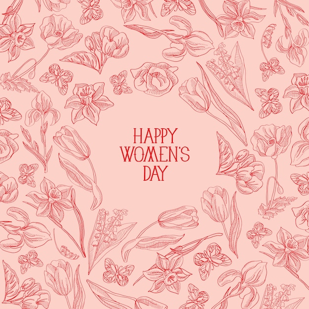 挨拶のベクトル図と赤いテキストの右側にたくさんの花とバラの幸せな女性の日のグリーティングカード