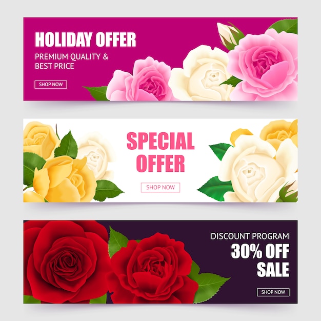 Free vector rose horizontal banners set with special offer symbols realistic isolated