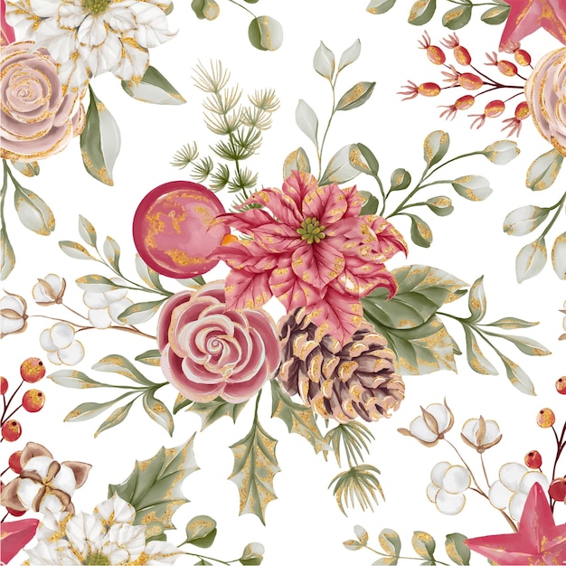 Vettore gratuito rose amp poinsettia pattern di fiori di natale