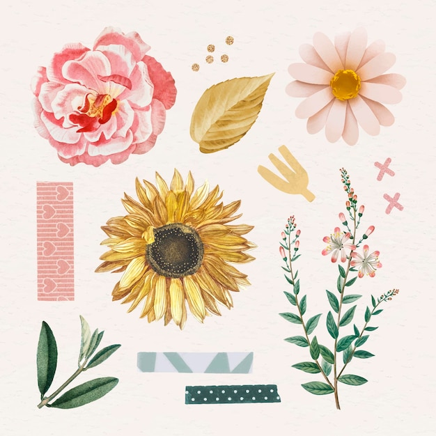 Free vector rose and sunflower stickers pack