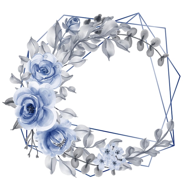 幾何学的な葉ネイビーブルーの水彩画の花輪とバラ