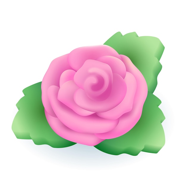 無料ベクター ピンクの花びらと緑の葉を持つバラの3dイラスト。白い背景に装飾または愛の象徴として3dスタイルで花を描く漫画。ロマンス、自然、結婚、バレンタインデーのコンセプト