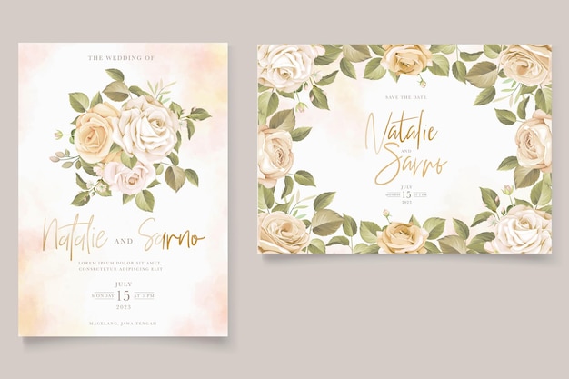 バラ​の​花​と​葉​の​結婚式​の​招待​カード​セット