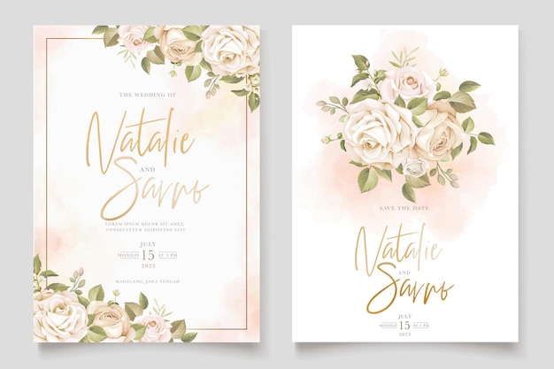 バラの花と葉の結婚式の招待カードセット