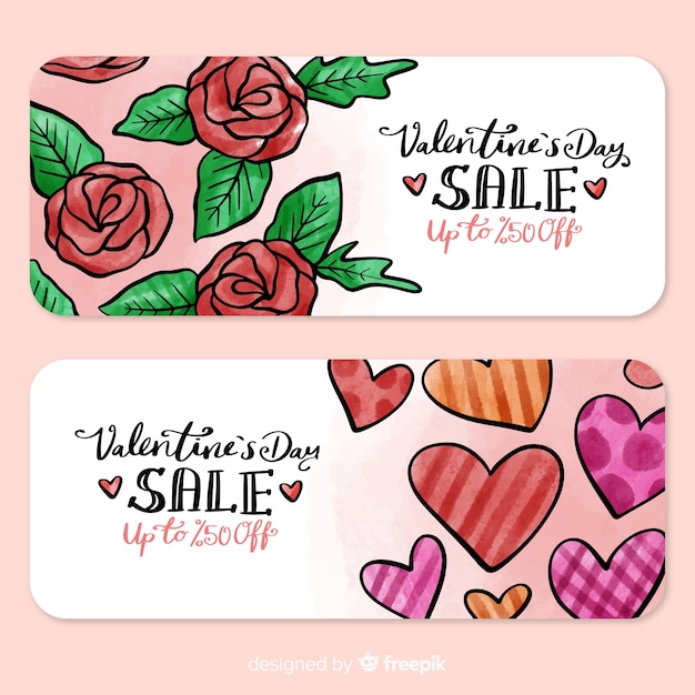 Banner di vendita di san valentino rose e cuori