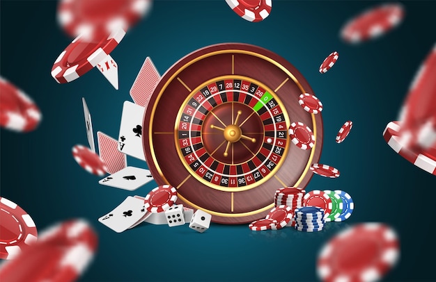 Free vector roulette wheel with flying cards poker chips and dice poker banner casino concept