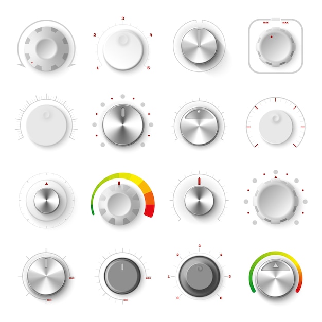 Round adjustment dial on white background realistic set of analogue knobs for level control isolated vector illustration