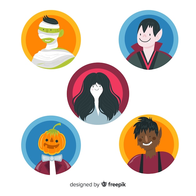 Vettore gratuito collezione di personaggi di halloween piatto avatar tondo