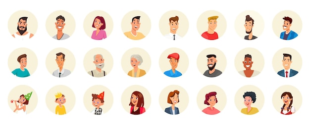 Round avatars set with faces of people comic portraits of happy social media users