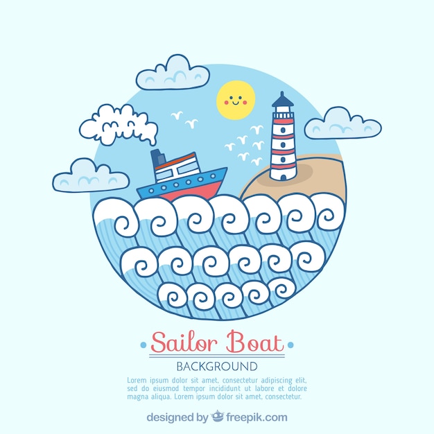 Round background with boat and lighthouse