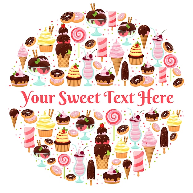 Круглый значок мороженого, конфет, пончиков и тортов с местом для вашего текста. Векторная иллюстрация