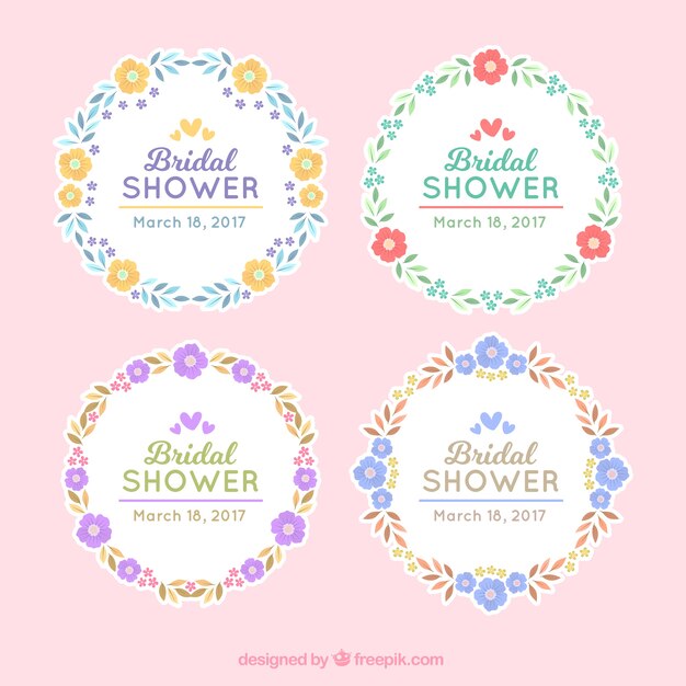 Round bridal shower frames with flowers in flat design