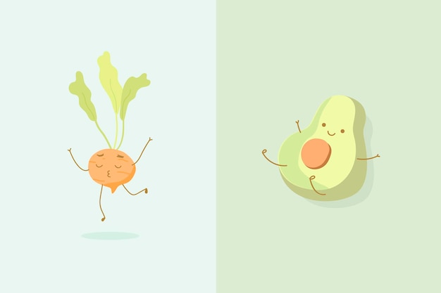 Round carrot and half avocado characters background