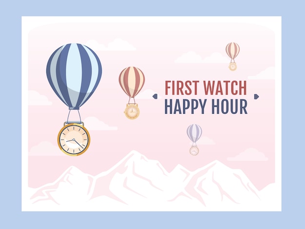 Free vector round clock faces flying with air balloons illustration with text samples.