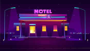 Vettore gratuito tutto il giorno, motel lungo la strada con parcheggio, incandescente di notte