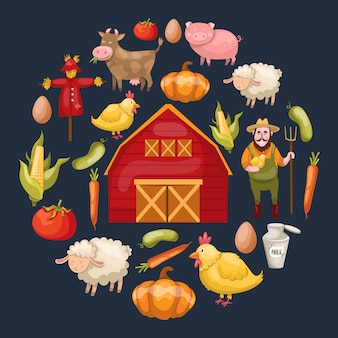 Composizione rotonda con un cerchio di animali isolati di verdure del magazzino di simboli dell'azienda agricola del fumetto