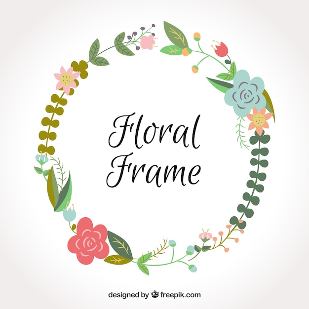 Round floral frame with flat-style flowers