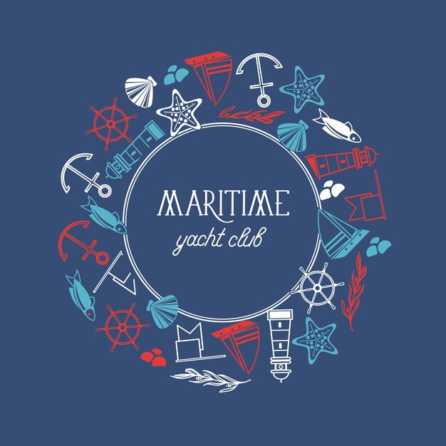 Round frame maritime yacht club poster with numerous symbols including fish, ship, red stars and flags around the text on the blue 