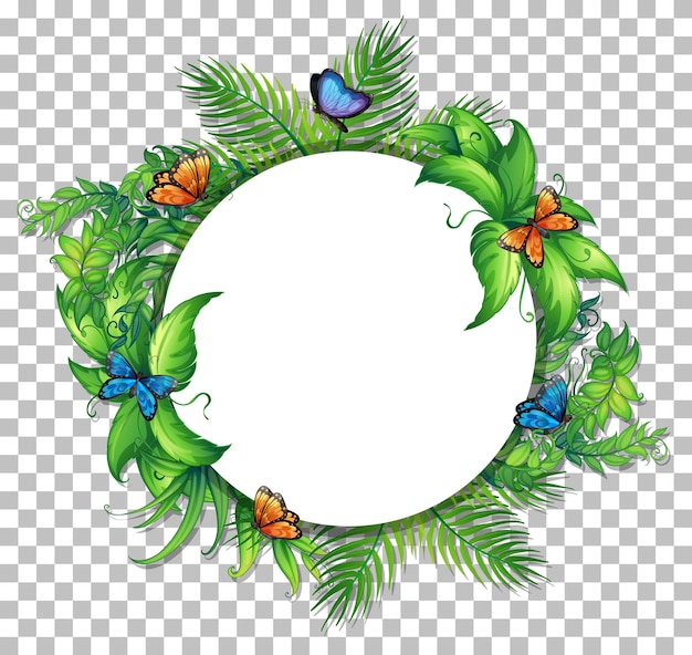 Round frame with tropical leaves and butterflies on transparent background