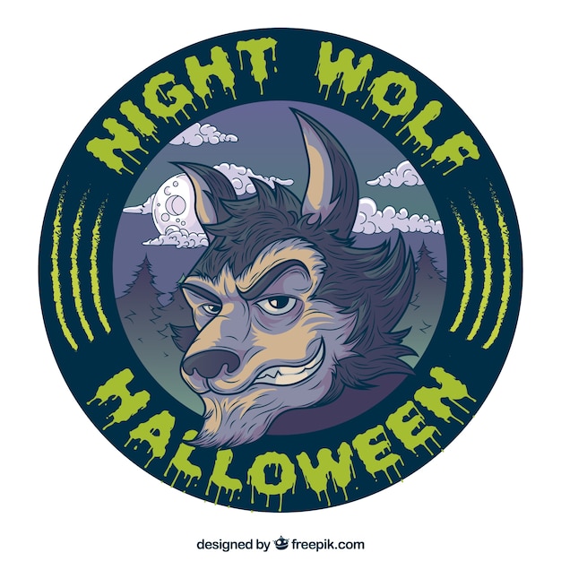 Круглый этикетки Хэллоуин с диким волком