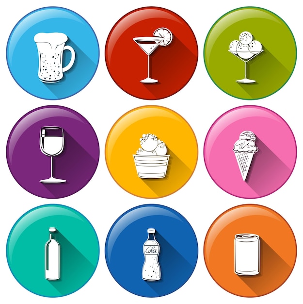Vettore gratuito icone rotonde con le diverse bevande rinfrescanti