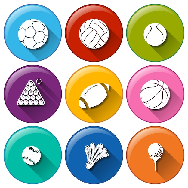 Vettore gratuito icone rotonde con i diversi palloni sportivi