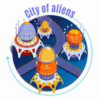 Free vector round isometric aliens composition with city of aliens descriptions and different strange unusual buildings illustration