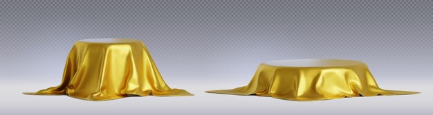 Free vector round podium under golden satin drapery