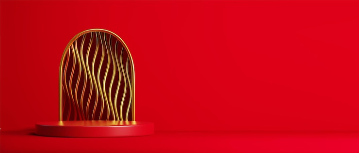 Free Vector round podium on red background with golden arch