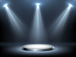 round podium stage in spotlights rays, realistic