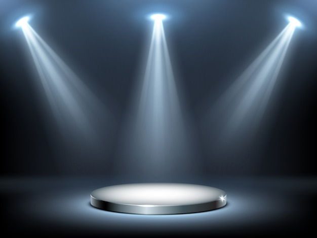 Free vector round podium stage in spotlights rays, realistic