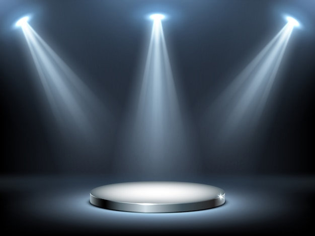 Round podium stage in spotlights rays, realistic