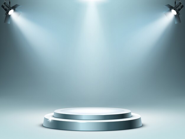 Round podium stage in spotlights rays, realistic