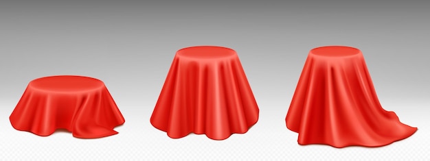 Vettore gratuito podi rotondi coperti di stoffa di seta rossa isolati su uno sfondo trasparente vettore illustrazione realistica di una scatola regalo sotto una tenda di raso scarlatto piattaforma bassa e alta per la presentazione del prodotto