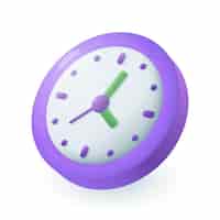 Free vector round purple clock with green hands 3d icon. clock face or dial as symbol of time 3d vector illustration on white background. time management, organization, deadline, sports concept