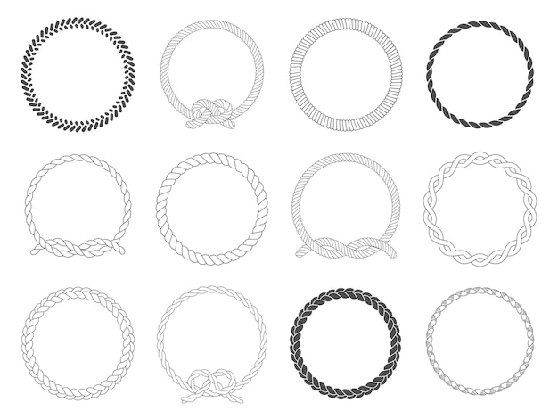 Round rope frame. circle ropes, rounded border and decorative marine cable frame circles isolated  set