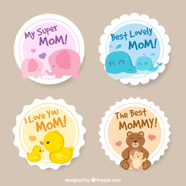 Free vector round stickers with cute elements for mother's day