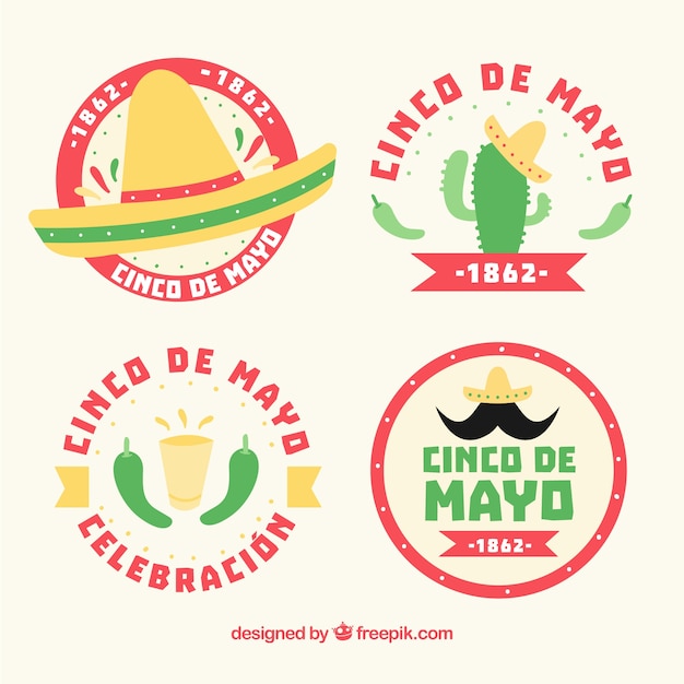 Free vector round stickers with traditional mexican items in flat design