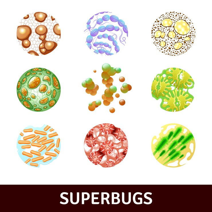 Free Vector round superbugs realistic set with various bacteria and microbes 