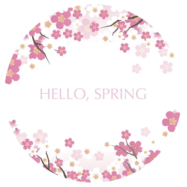 Round vector illustration with cherry blossoms in full bloom and Hello Spring text