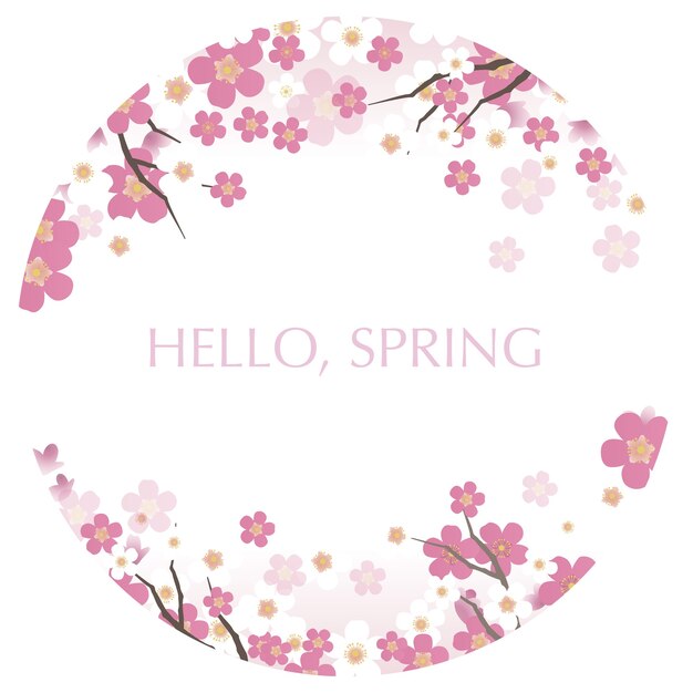 Круглая векторная иллюстрация с цветущей сакурой и текстом Hello Spring