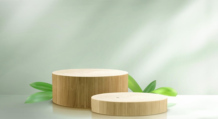 Free Vector round wooden 3d product podium with green leaf