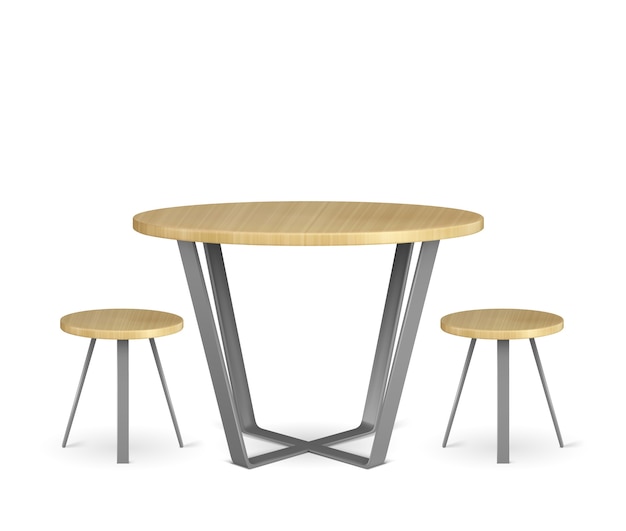 白で隔離される丸い木製のテーブルとサークルの椅子