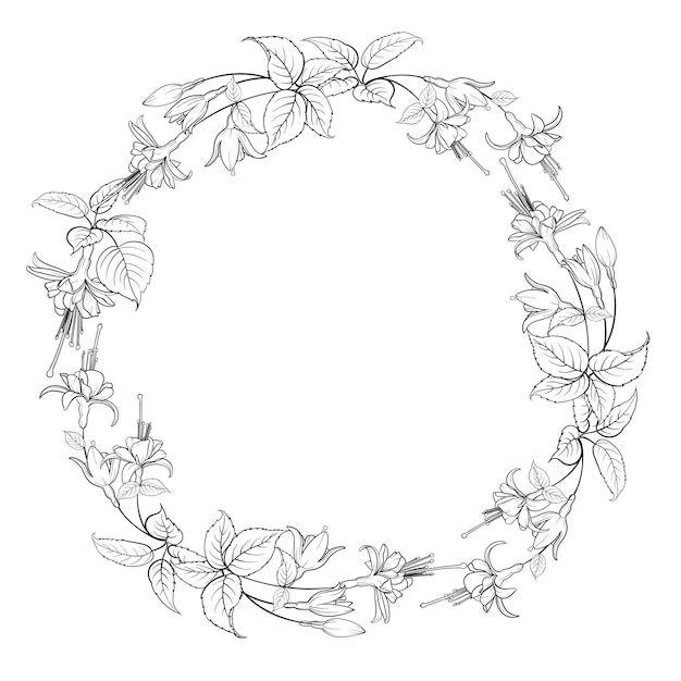 Round wreath of tropical flowers in black and white frame made\
of fuchsia