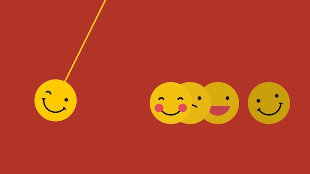 Vettore gratuito emoticon giallo rotondo in stati d'animo felici oscillare isolato su sfondo rosso