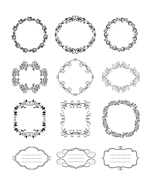 Rounded black vector vintage floral ornamental frames and borders